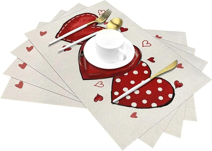 Valentine's Place mats Set of 4,12x18 Inches Red Love Heart Valentine's Decor Placemats Rectangle Mother's Day Wedding Anniversary Decoration Table Mats for Party Home Kitchen Dining Table