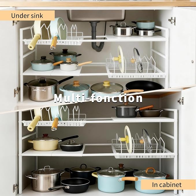 Pots and Pans Organizer Under Cabinet, Expandable Length, Adjustable Height Under Sink Shelf 2 Tier with 10 Dividers Under Cabinet Shelf, Pot and Pan Lid Holder Rack (White)