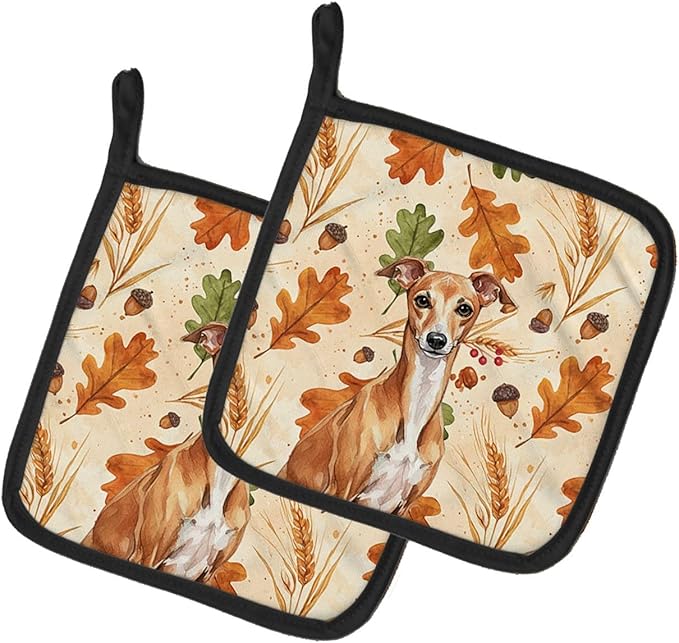 Caroline's Treasures Red Italian Greyhound Heirloom Fall Pair of Pot Holders Pair 7.5x7.5 Quilted Insulated Hot Pads Decorative Kitchen Gift Made in USA