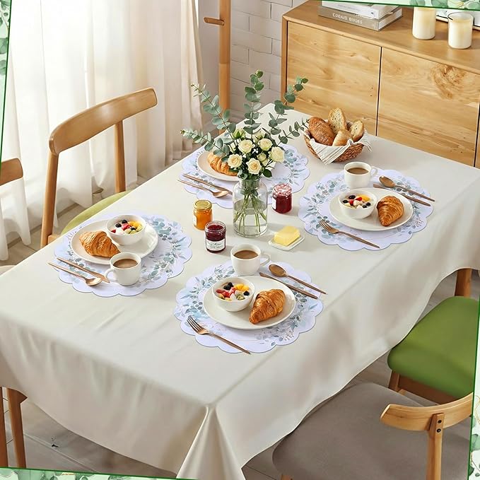 60Pcs Green Eucalyptus Leaves Paper Placemats, 13.5 Inch Disposable Wedding Placemat Scalloped Spring Table Mats, Round Paper Place Mats for Banquet Table Setting Baby Shower Wedding Bridal Tea Party