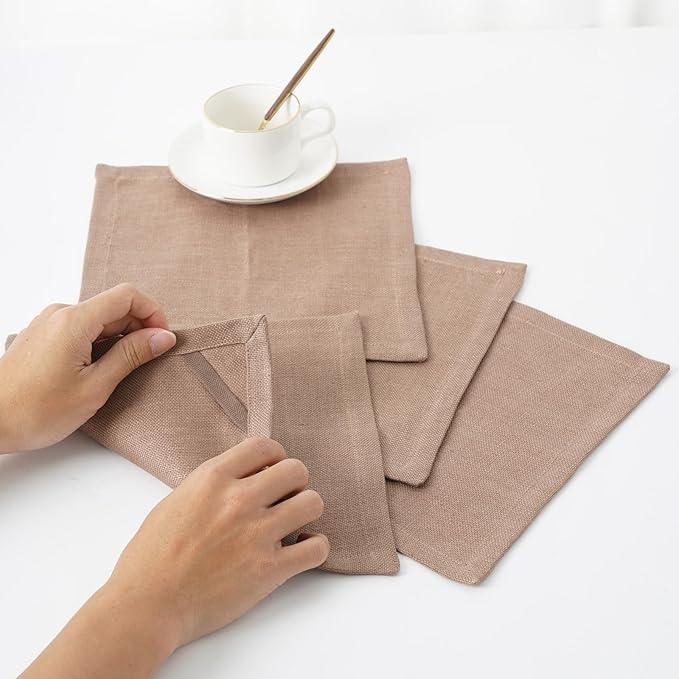 100% Linen Thick Washcloths with Loop - Linen Cloths Makeup for Face 4 Pack 10 x 10 Inch, Small Exfoliating Face Washcloth for Women Bathroom Travel,Dark Apricot