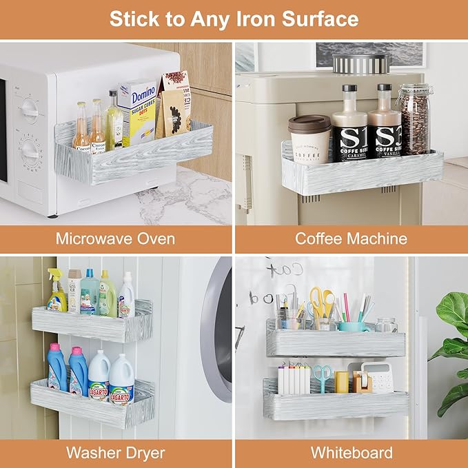 Mystozer Magnetic Spice Rack for Refrigerator, Kitchen Organizer and Storage Shelf, Wood White(4 Pack)