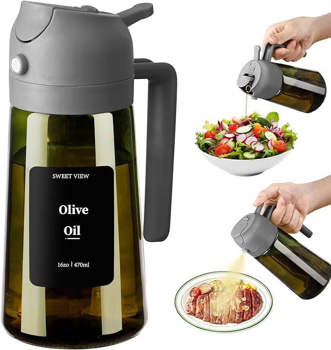 SWEET VIEW Olive Oil Dispenser and Oil Sprayer – 16oz/470ml Glass Light-Proof Oil Pourer for Kitchen, Air Fryer, Cooking, Salad, and BBQ