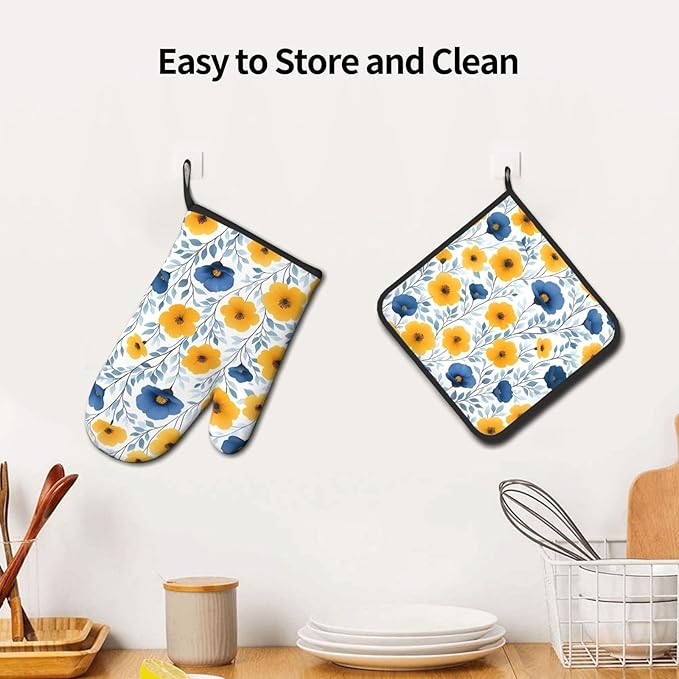 Yellow Blue Floral Oven Mitts & Pot Holders Sets of 3, Boho Blue and Yellow Flowers Heat Resistant Kitchen Hot Pads and Mitts for Cooking Baking Grilling, Gift for Floral - Loving Women, Home Decor