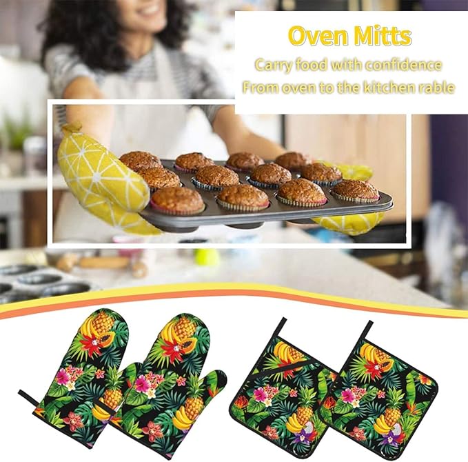 Tropical Fruit Pineapple, Palm Leaves and Flowers Oven Mitts and Potholders Professional Heat Resistant Cotton Oven Mitts Kitchen Gloves 4 Piece Set