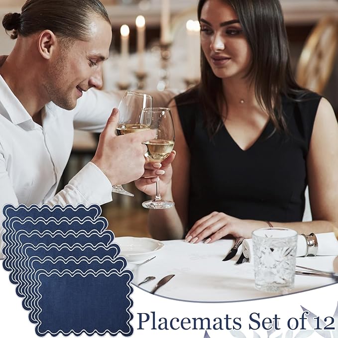 Linen Placemats Set of 12 Scalloped Placemat 13 X19 Wavy Embroidery Double Layered Washable Farmhouse Dinner Fabric Table Mat Napkin for Wedding Party Christmas Hotel Restaurant(Navy Blue)