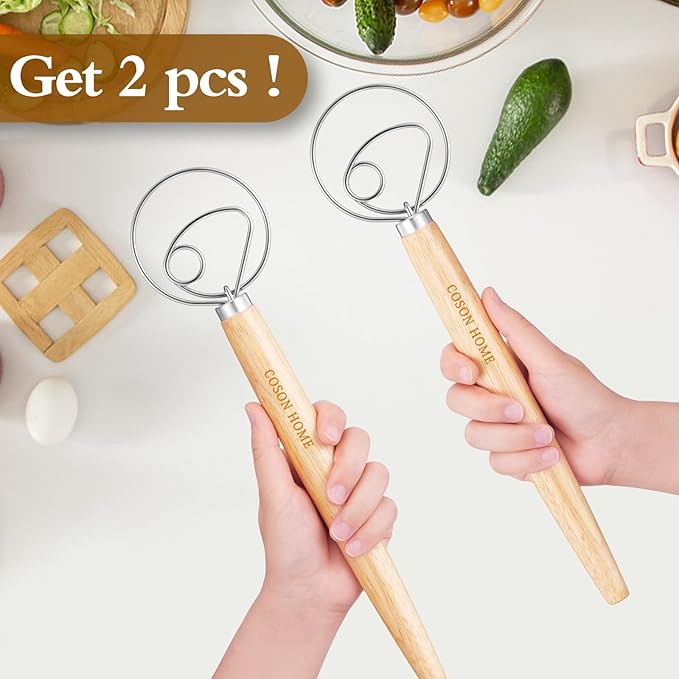 Pack of 2 Danish Dough Whisk, Kitchen Baking Flour Mixing Tool for Sourdough, Bread, Flour Paste, Butter, Pancake, Pizza, Cake, Pastry, Biscuits, Wooden Handle Stainless Steel Ring