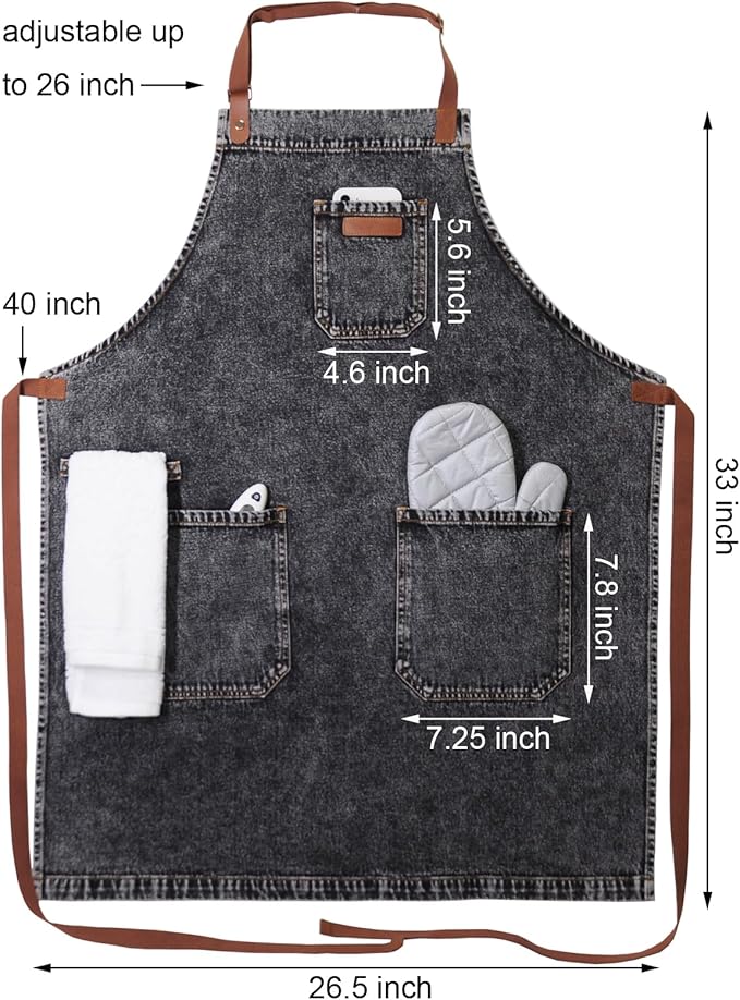 Denim Apron with Pockets, Mens Womens Professional Black Kitchen Bib Apron for Chef Cooking Grill BBQ, with Towel Loop and Adjustable Neck Straps