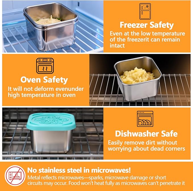Stainless Steel Snack Box Containers - 8 Pack 6oz Reusable Small Snack Containers with Silicone Lids, 304 Metal Stackable Food Storage Cups, Salad Dressing Dipping Sauce for Travel, Picnic