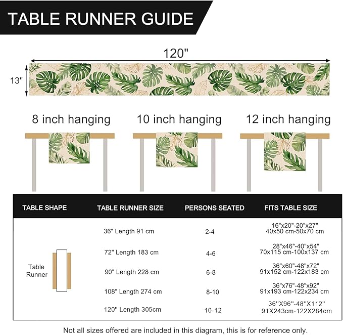 Seliem Summer Palm Leaves Tropical Greenery Table Runner, Monstera Home Kitchen Dining Plant Decor, Spring Seasonal Decorations Indoor Outdoor Hawaii Luau Anniversary Party Supply 13 x 120 Inch