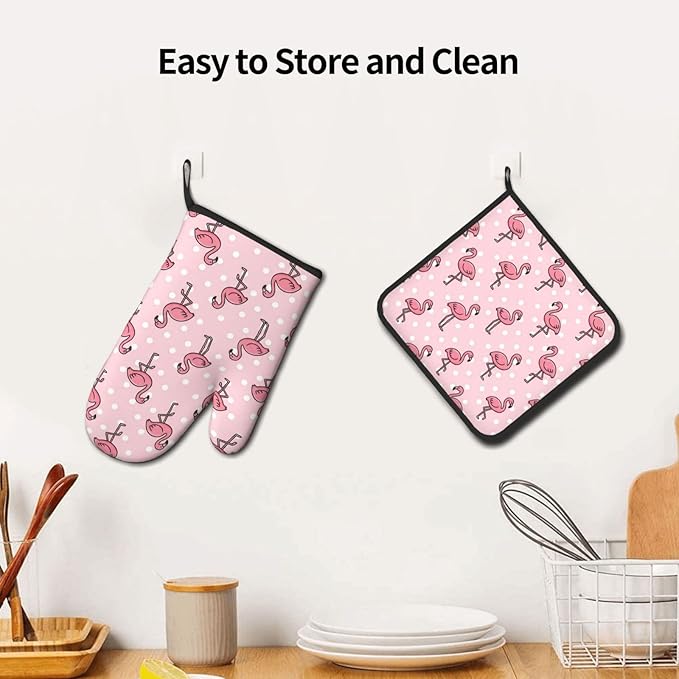 Pink Flamingos Oven Mitts and Pot Holders Pink Background Heat Resistant Oven Mitts Safe for Baking Cooking BBQ