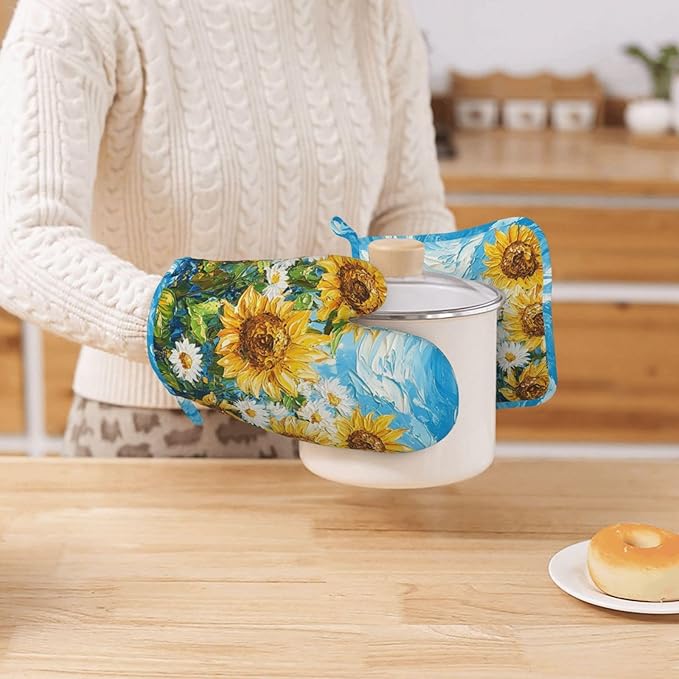 Oven Mitts and Pot Holders Sunflower Daisy Flower Art Silicone Kitchen Accessories Set of 2 Heat Resistant Long Gloves Potholder Non-Slip Grip for Chef Cooking,Baking,Grilling,BBQ