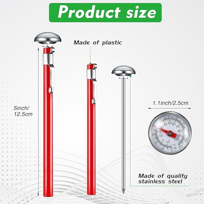 Xuhal 1 Pcs Stainless Steel Kitchen Thermometer with 5 Inch Long Stem 1 Inch Dial Thermometer Milk Frothing Food for Oven Probe Meat Grill BBQ Cooking Chocolate Water (Red)