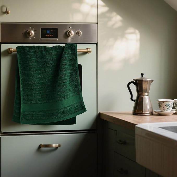 Jacquotha 4-Pack Hand Towels (Forest Green) Ribbed – Kitchen & Bathroom Premium Cotton Towels 13” x 29”, Soft and Quick Drying 470 GSM