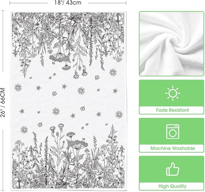 Artoid Mode Antique Herbs Wild Flowers Leaves Spring Kitchen Towels Dish Towels, 18x26 Inch Seasonal Decoration Hand Towels Set of 2