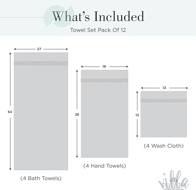 100% Cotton Bath Towel Set of 12-4 Bath Towels, 4 Hand Towels, 4 Wash Cloths, Sustainable, Soft, Highly Absorbent, Combed Cotton 12 Piece Set for Hotels, Spa, Bathroom, Dorm, Teal