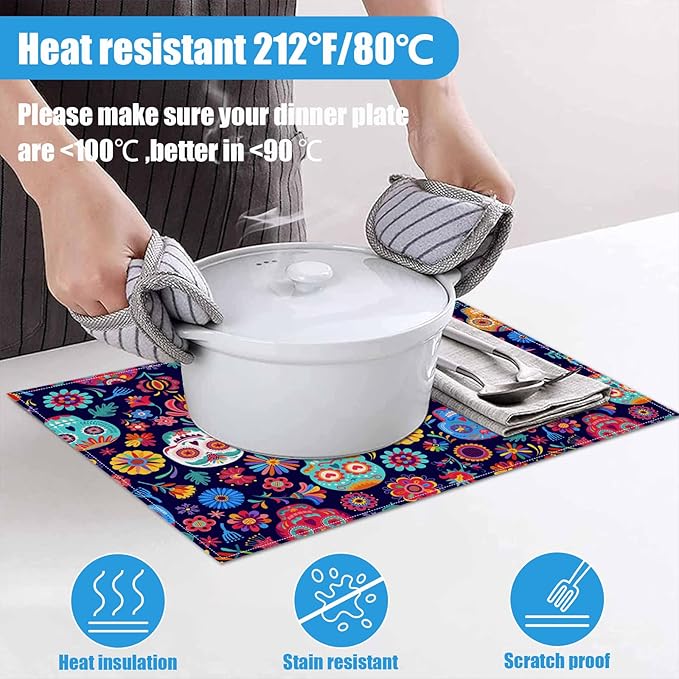 Sugar Skull Mexican Día de Los Muertos Placemats Set of 6, Halloween Washable Linen Place Mat Heat Resistant Non Slip Kitchen Dining Table Mats 12x18 Inch
