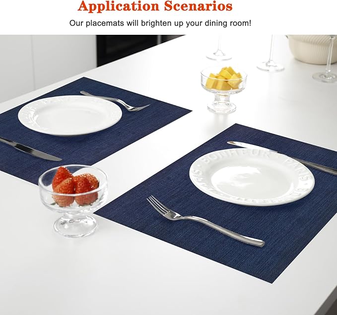 Placemats Set of 6,Washable,Heat and Stain Resistant Indoor/Outdoor Place mats,Vinyl Woven Non Slip Table Mats for Restaurant Table Protection,PVC Placemats(Navy Blue,6PCS)