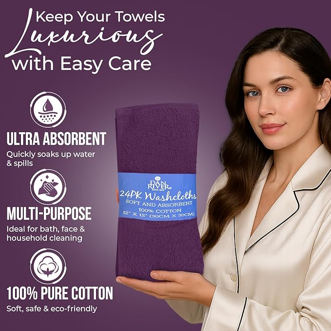 DAN RIVER 24 Pack Wash Cloths for Showering [12x12] - 100% Cotton Washcloths Premium Quality Flannel Face Cloths for Bathroom, Highly Absorbent and Soft Feel Wash Clothes, Purple Passion