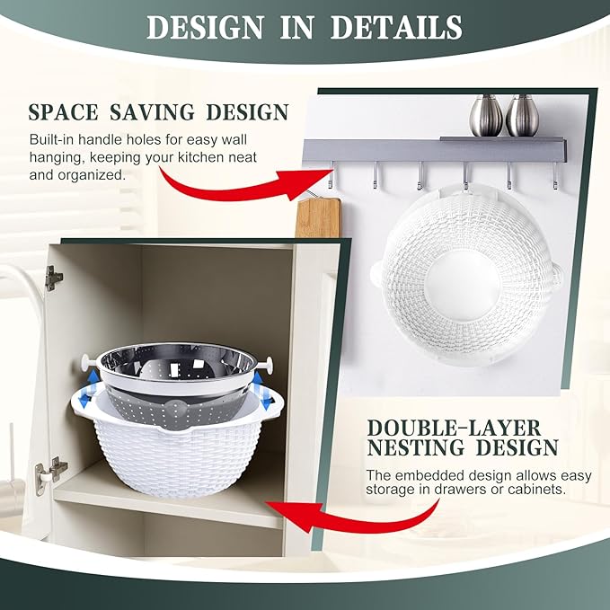 4-1 Colander with Bowl Set - Rotatable Colander for Kitchen(Patented) - Strainers and Colanders - Pasta Strainer with New Upgraded Graters for Fruit Veggie Fun Kitchen Presents - White