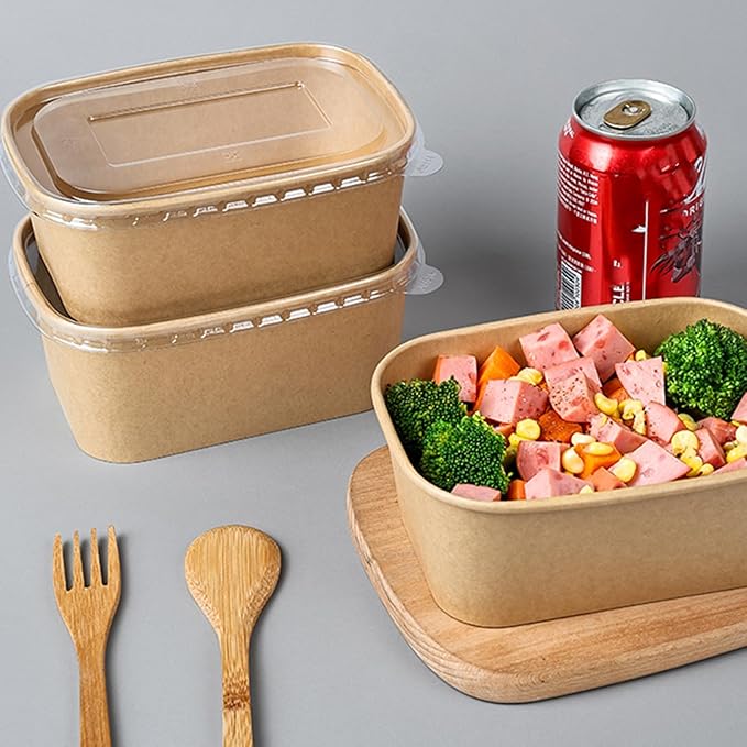 50 Pack Disposable Kraft Paper Bowls with Lids, 33 OZ Meal Prep Container, Microwave Freezer Safe Salad Bowls with Forks for Hot/Cold Food, Soup, Ice Cream, Takeout, Party Supplies