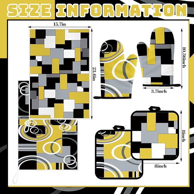 Jingmore 6 Pcs Kitchen Decor Set Accessory Farmhouse Kitchen Towels Pot Holders Oven Mitts Set 2 Dish Towels 2 Pot Holders 2 Cooking Mittens Oven Glove for Cooking(Black, Yellow, Gray,Geometric)