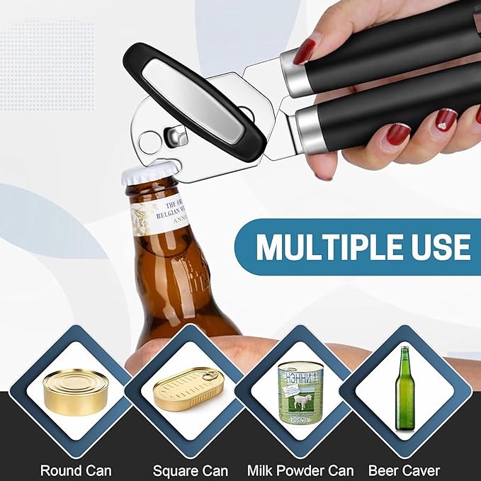 Can Opener Manual for Seniors Heavy Duty, Commercial Cans & Bottles Opener for Big Cans, Easy and Safety Can Opener for Kitchen and Camping, Built-In Magnet Lid Lifter, Black