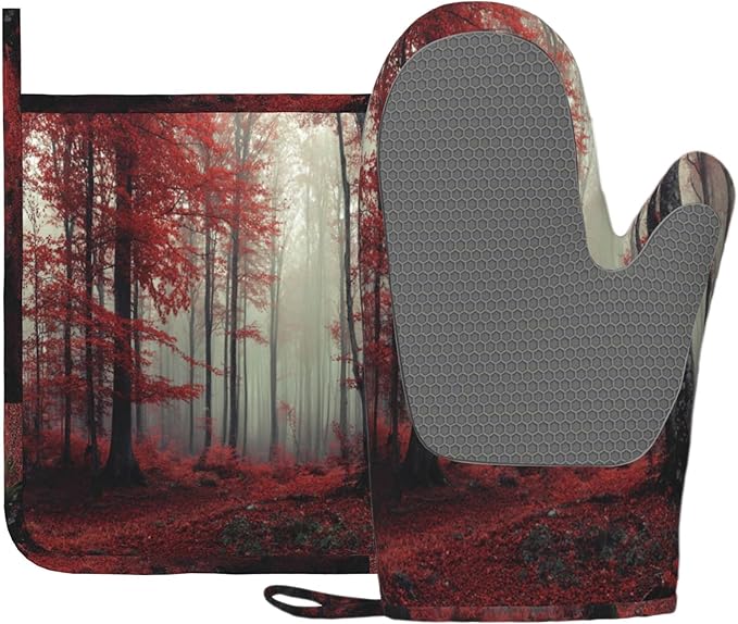 Forest Oven Mitts and Pot Holders Sets Red Trees Landscape Silicone Heat Resistant Kitchen Oven Gloves Pot Holder for Cooking Baking Grilling BBQ