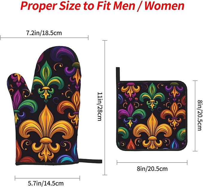 Colorful Fleur De Lis Oven Mitts and Pot Holders Sets Mardi Gras Kitchen Oven Gloves Heat Resistant 500 Degrees Oven Mitt and Hot Pad for Cooking BBQ Baking Grilling