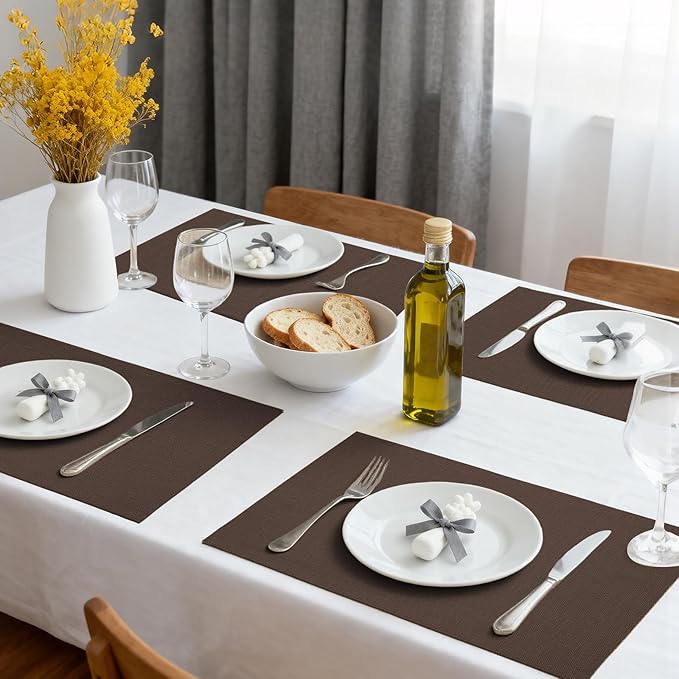 Placemats Set of 6 Linen Type Fabric Cloth Placemats, 18x12 Inch Double Layered Thick Wrinkle Free Heat Resistant Table Place, for Dining, Kitchen, Party (45 * 30cm, Dark Brown)