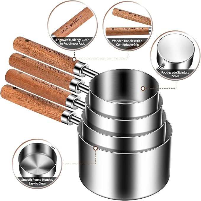 Wooden Handle Measuring Cups and Spoons Set 304 Stainless Steel Metric and US Measurements, Stackable Cups and Spoons, Fits for Measuring Dry and Liquid Ingredients