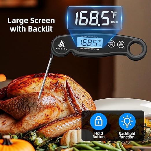 Digital Meat Thermometer – Instant Read Food Probe with Backlit, Wide Temperature Range for Turkey, Grill, BBQ, Baking & Sourdough, Black