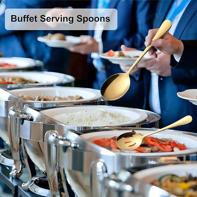 24-Piece Serving Set, 12 Serve Spoon & 12 Slotted Spoon, 8.7-Inch Stainless Steel Banquet Spoons, Large Utensils for Kitchen, Gold