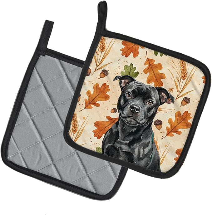 Caroline's Treasures Black Staffordshire Bull Terrier Heirloom Fall Pair of Pot Holders Pair 7.5x7.5 Quilted Insulated Hot Pads Decorative Kitchen Gift Made in USA