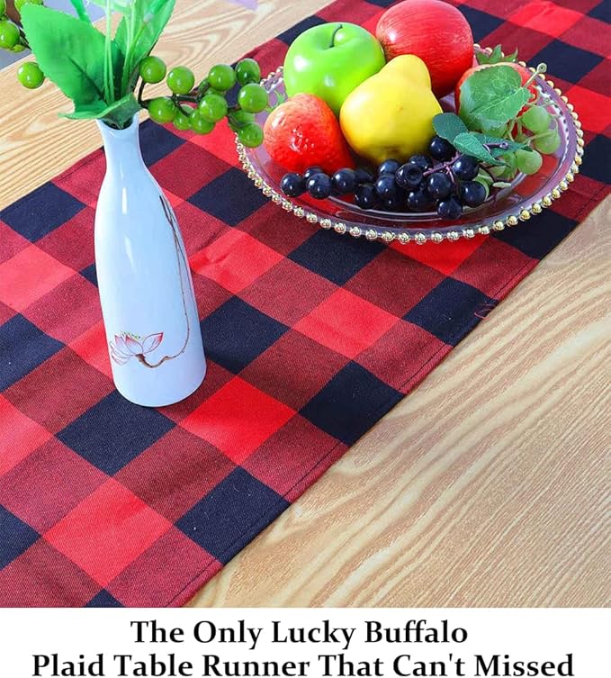 DUOBAO Checkered Table Runner 14x108-Inch Red and Black Buffalo Plaid Tablecloth Runners with Tassels Farmhouse Gingham Fabric for Dinner Parties Christmas Events (Red and Black)