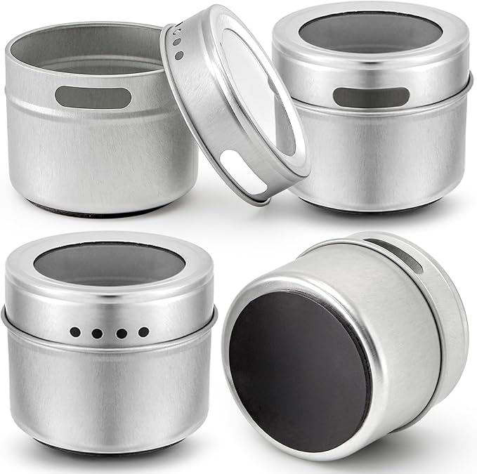 Bekith 20 Pack Magnetic Spice Jars, Magnetic Spice Containers for Refrigerator, Seasoning Tins with Clear Top Lid, 240 PVC Spice Label Set