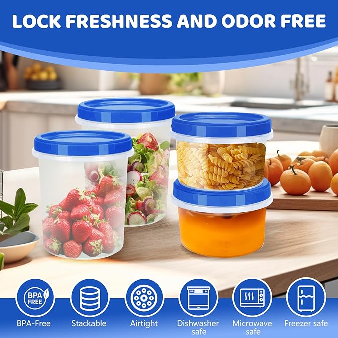 Atecare Food Storage Containers with Twist Top Lids, Ultra Thick Airtight Plastic Containers for Soup, Leftover, Ice Cream, Overnight Oats, BPA Free Stackable Freezer Containers [12 Pack-32 oz]