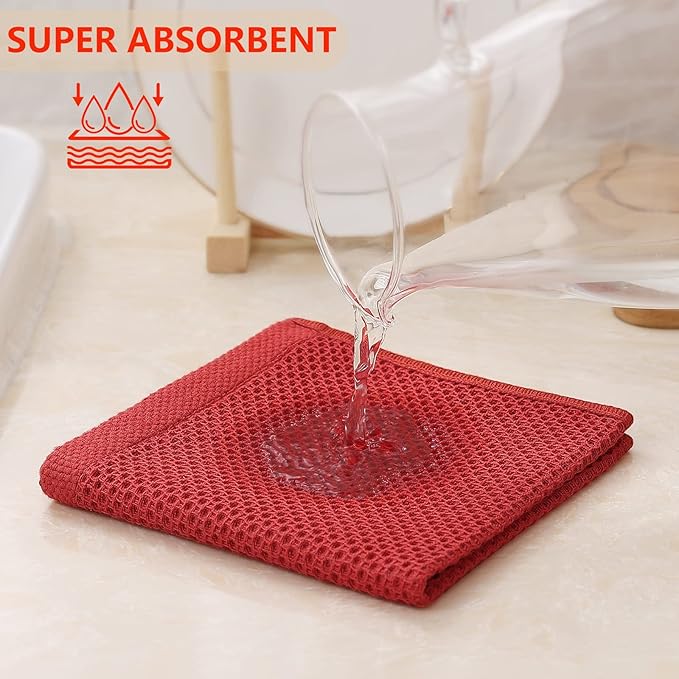 Kitinjoy 100% Cotton Kitchen Dish Cloths (12 X 12 Inches, Brick Red), 6 Pack Waffle Weave Ultra Soft Absorbent Dish Towels for Drying Dishes Quick Drying Kitchen Towels Dish Rags