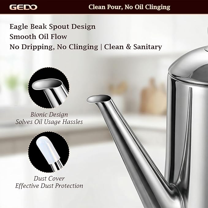 GEDO 304 Stainless Steel Oil Dispenser, Eagle Beak Drip-Free Spout Oil Pot with Extra Wide Mouth & Air Vent Lid, Large Capacity for Kitchen Cooking & Outdoor Grilling (1.05QT / 1000ml)