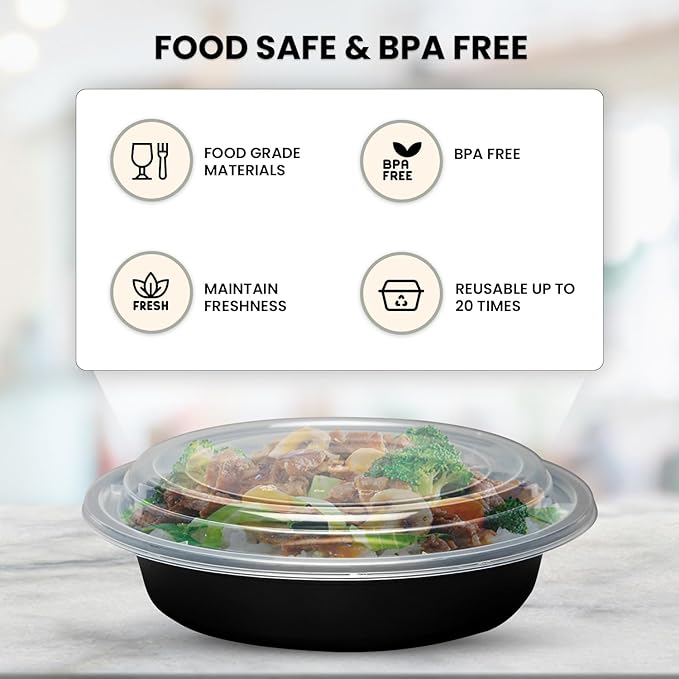 Klex 12 Oz, 300 Sets Meal Prep Containers with Airtight Lids, BPA Free, Reusable Plastic Food Container, 12 oz, Round, Black/Clear, 300 Sets
