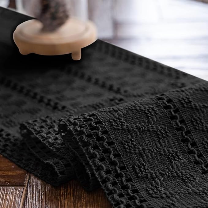 Alynsehom Macrame Table Runner Pure Black Boho Table Runners with Tassels Hand Woven Cotton Table Runner Rustic Farmhouse Table Runners for Bohemian Kitchen Dining Table(12x60in)