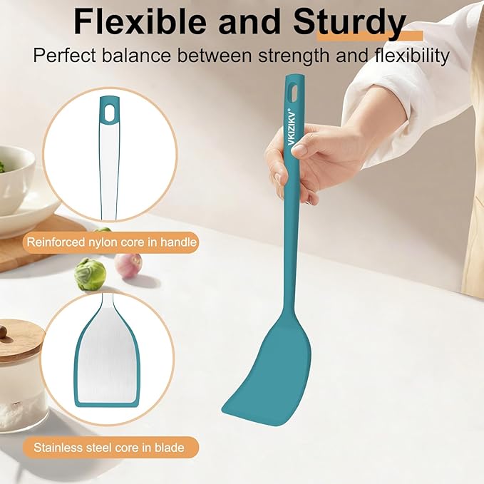Silicone Spatula Turner Set, 4 Pack, 600°F Heat Resistant Cooking Spatulas, Spoons, BPA Free & Non-Stick Kitchen Utensils, Ideal for Flipping Egg, Pancake, and Serving, Dishwasher Safe (Blue)
