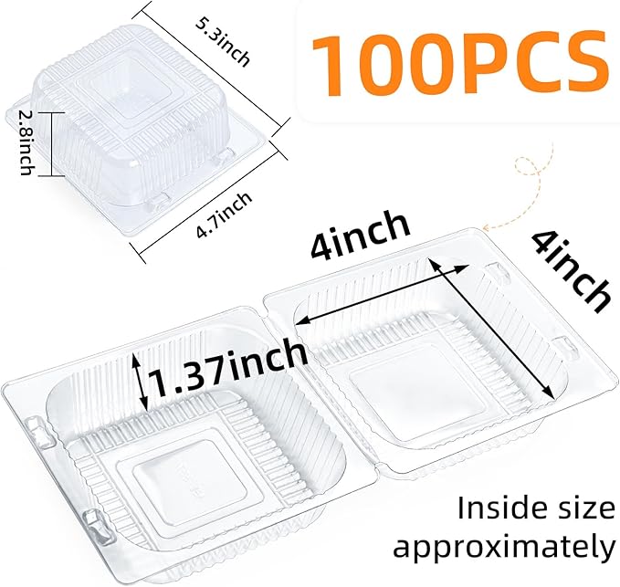 Evnlo 100 Count Clear Plastic Containers with Lids for Food, Thickened Disposable Sandwich Containers Clamshell Boxes for Cake Slice, Dessert, Hamburger, Salad, Pastry, Fruits, Takeout Tray
