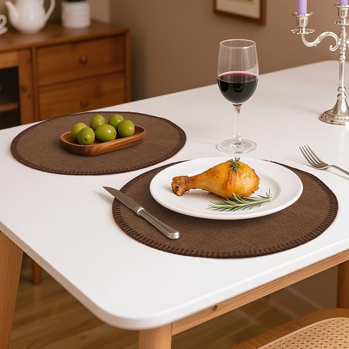 Round Placemats Set of 6, 15 Inch Linen Fabric Table Placemats, Heat Resistant, Wrinkle Free Washable Placemats Kitchen Place Mats Set of 6 for Dining Table Party Table (Coffee, 6)