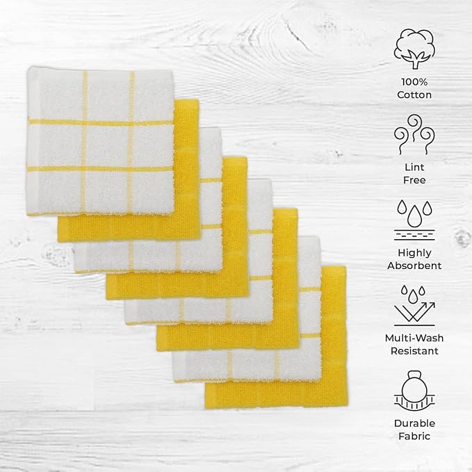 100% Cotton Terry Dish Cloth & Dish Towel, 8 Pack, Super Soft and Absorbent Kitchen Towels, Perfect for Kitchen Cleaning and Dish Washing (Yellow (Solid and Checks) 8 Pack)