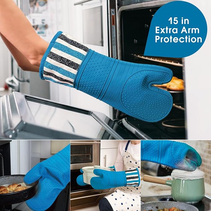 RED LMLDETA Heat Resistant 550 Degree Oven mitt, Silicone Oven Hot Mitts - 1 Pair, Extra Long Professional Baking Oven Gloves - Food Safe,Pot Holders Cooking,Grilling,Kitchen (Navy)