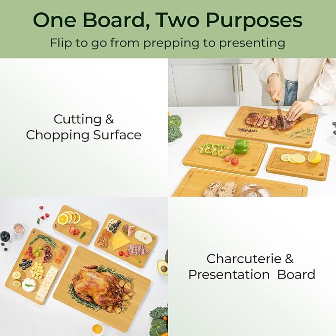 Keechee 4-Pcs Natural Wood Cutting Board Set Kitchen Tools with Juice Groove, Wooden Chopping Board for Meat, Fruit, Vegetables & Cheese (Pre Oiled, Natural)
