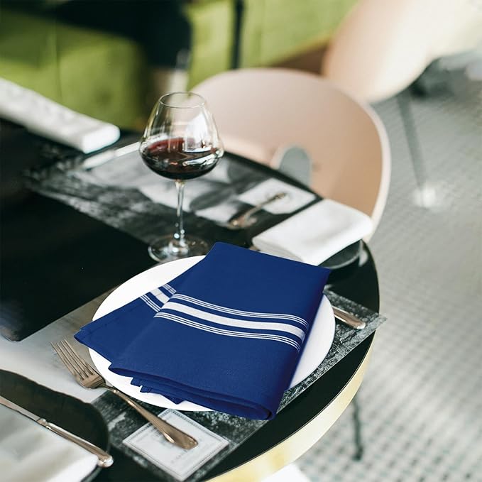 Bistro Stripe Cloth Napkins Set of 12 Pack, Dinner Napkins Cloth Washable 18 * 22 Inches, MJS Commercial Quality, Reusable Table Napkins Cloth, Non-Iron, No Fade, Royal Blue Reverse Stripes
