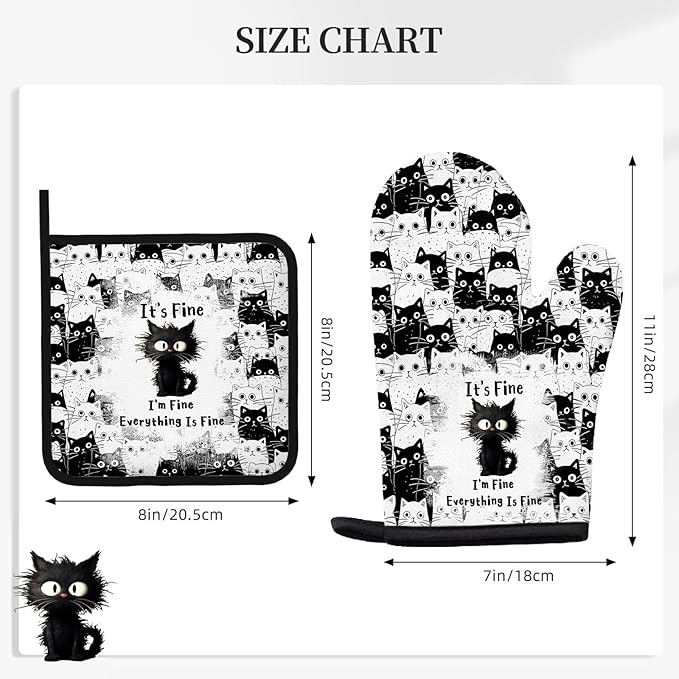 Black Cat Oven Mitts and Pot Holders Sets 3PCS, Cat Silicone Heat Resistant Oven Mitts Birthday Gifts for Cats Lover, Cute Cats Pot Holder Non-Slip Silicone Oven Gloves for Mom Wife Sister BFF