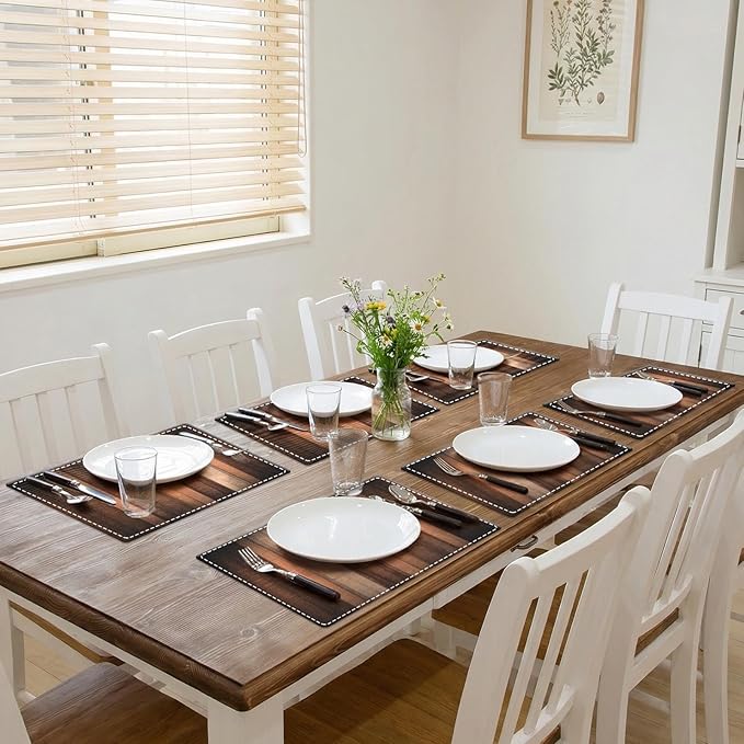 Emvency Farmhouse Placemats Set of 6, Striped Rustic Farmhouse Brown Abstract 12x18 Inch Linen Rectangular Place Copper Peach Table Mats for Indoors & Outdoor Home Party Kitchen Dining Decoration